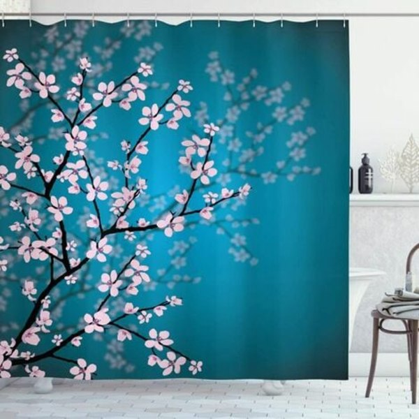 Japansk bruseforhæng, Sakura Bloom-mønster, Stof-badeværelsesindretningssæt med kroge, 180 cm x 200 cm, benzin lyseblå nål