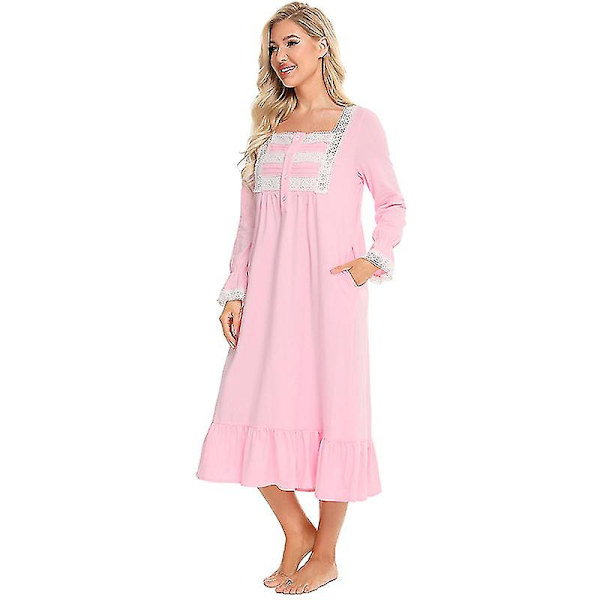 Victoriansk natkjole, langærmet bomulds-søvnskjorte XL Pink
