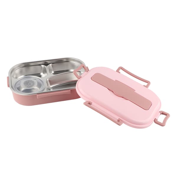 Bærbar matboks i rustfritt stål med 4 rom og suppeskål, rosa