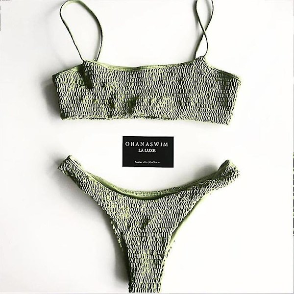 Kvinder Sommer Crinkle Bikini Sæt Plain Badetøj Badedragt Green S