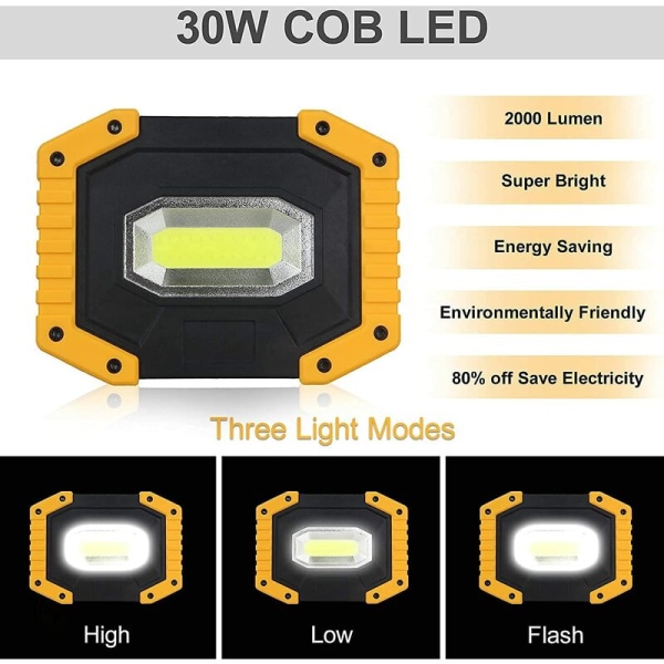 30W 2000LM oppladbart LED arbeidslys med batterisikkerhet 3 moduser energisparende og vanntett COB campinglys med U