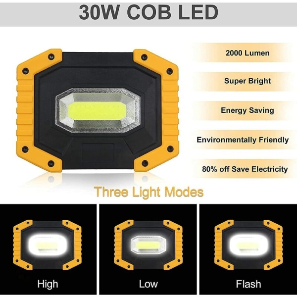 Genopladelig LED 30W 2000 LM Byggeplads Arbejdslys 3 Modes Bærbar lanterne USB LED Flood Light til camping, bygning