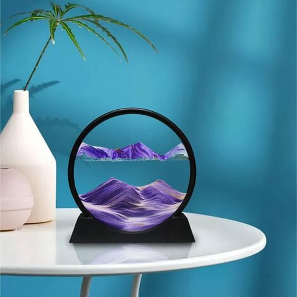 Quicksand Art 3D pyöreä lasi Quicksand Landscape, Office Home Sisustus, musta violetti, 7 tuumaa