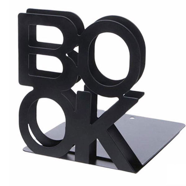 Tungmetall L-formade bokstöd med &quot;bok&quot; Bokstäver och halkfria bokstäver för bokhylla, 1 par för kontor (svart)