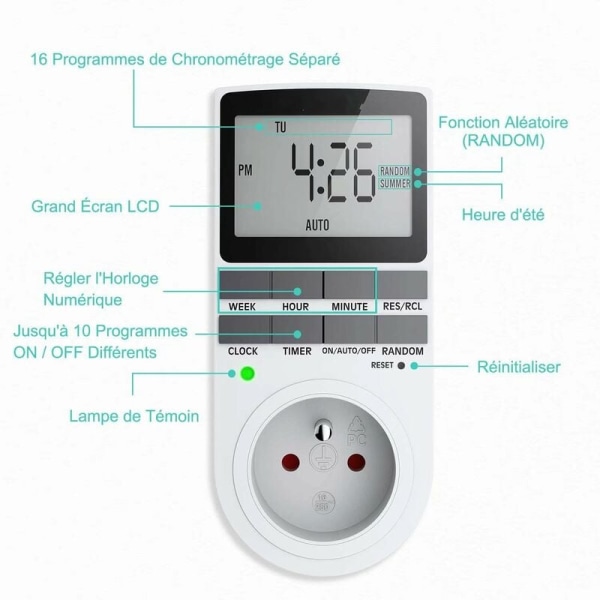 Digital programmerbar stikkontakt, ukentlig digital timer med LCD-skjerm, 12H/24H/7Days strømuttakstimer, energisparing for