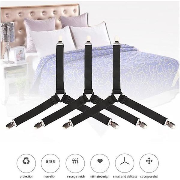 Fitted Sheet Strammer, 4 stykker Sengelagen Fastgørelseselementer Justerbar Fitted Sheet strop med metalclips til alle madrasser Sort