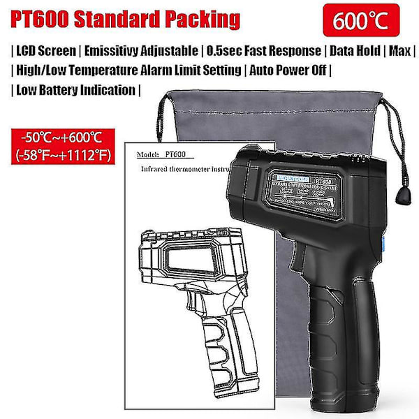 Pt600 Professionell Pyrometer Digital termometer Laser Temperaturmätare Gun 600c Beröringsfri infraröd termometer för industri