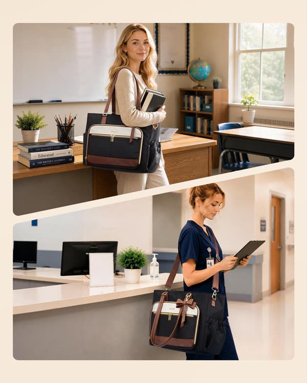 LOVEVOOK Lærertaske til kvinder, arbejdscomputertaske, computermappe Sort-beige-brun Black-beige-brown 15.6 in