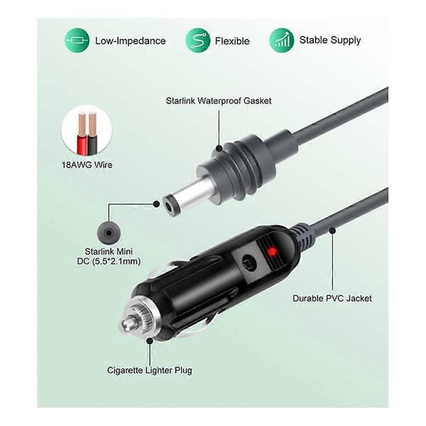 For Starlink Mini DC strømkabel 10FT - Vanntett 12V-24V bilstrømforsyning for lastebiler, busser, skip