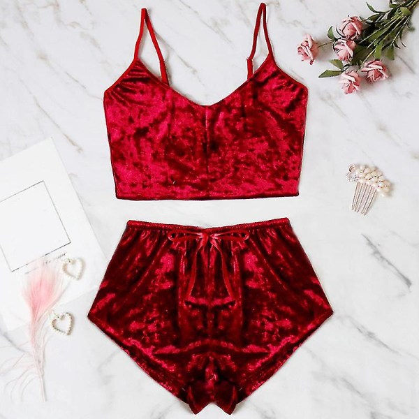 kvinnor Underkläder Sexiga underkläder Pyjamas Set Velvet Cami Crop Wine Red L