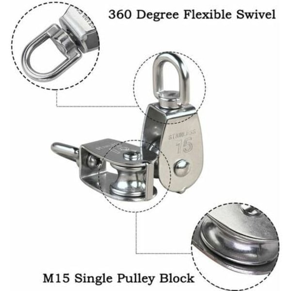 M15 304 rustfritt stål enkel remskive, 15 MM enkel trinse blokkrulle, kran svingbar krok glatt wire tau Kabellasting
