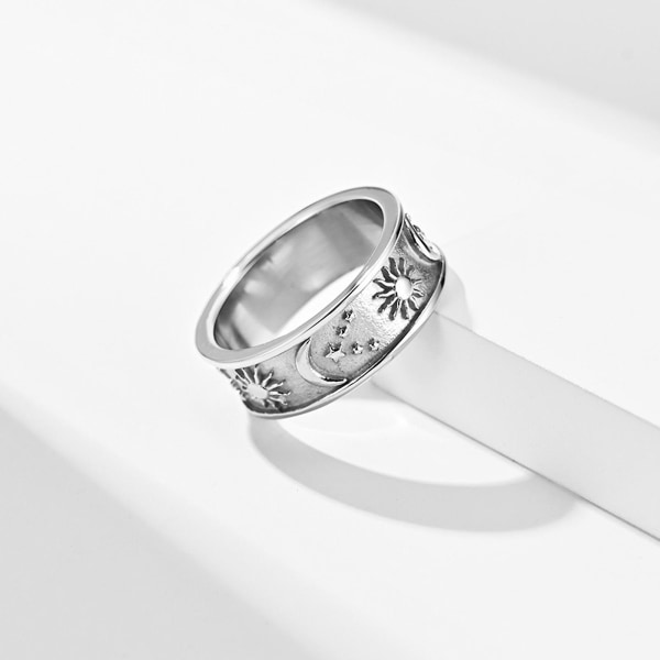 Unisex Ring Stjärna Måne Soldekoration Män Kvinnor Utsökt Rund Bohemian Ring För Bröllop Golden US 12