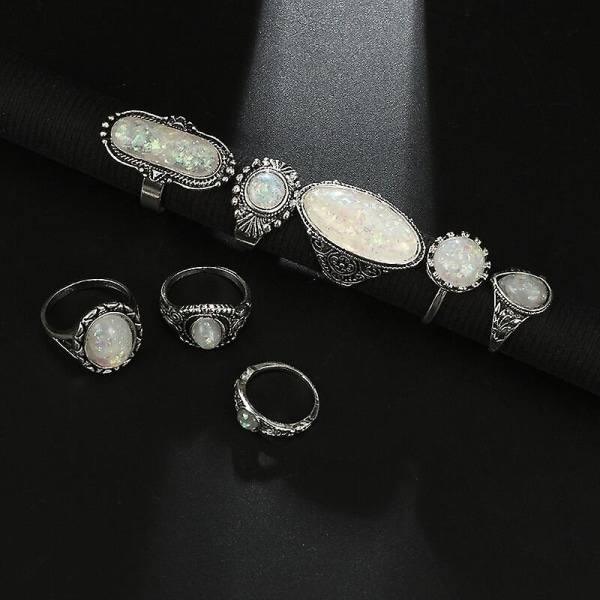 7pc/8pc One Set Vintage Antikke Sølvfarve Ringe Sæt Farverige Opal Stone Carve Til Kvinder Bohemiske smykker Tilbehør