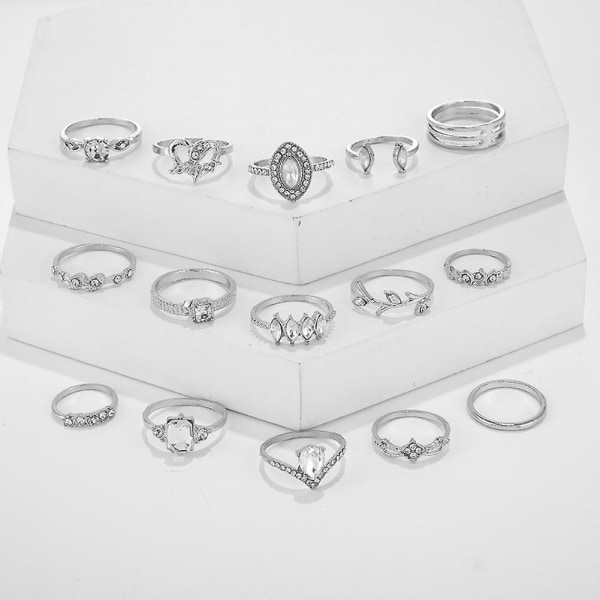 15 st/ set Boho Kvinnor Rhinestone Leaf Heart Geometrisk Finger Ring Smycken Present