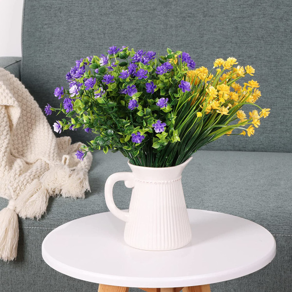 9 stk kunstige blomster, UV-resistente kunstige udendørs blomster, kunstige kunstige blomster (gul, lilla, grøn) til hjemmet