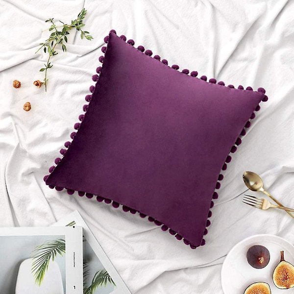 Paket med 2 Sammets-kuddfodral Pompom Dekorativa örngott Solida mjuka kuddfodral Med Poms Fyrkantig För Soffa Soffa Sovrum Bil 18x18tum Da 16 x16 Purple