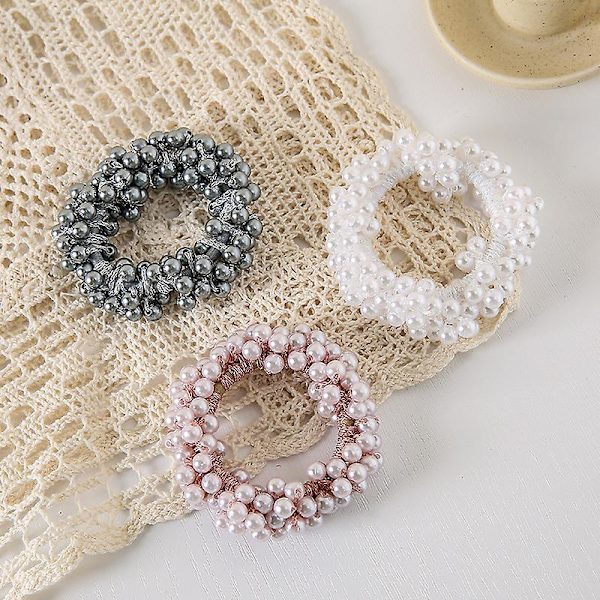 2st Full Pearl Stretch Hårband Tjock Solid Dekorativ Hästsvanshållare med hög elasticitet Huvudbonader OPP Bag beige