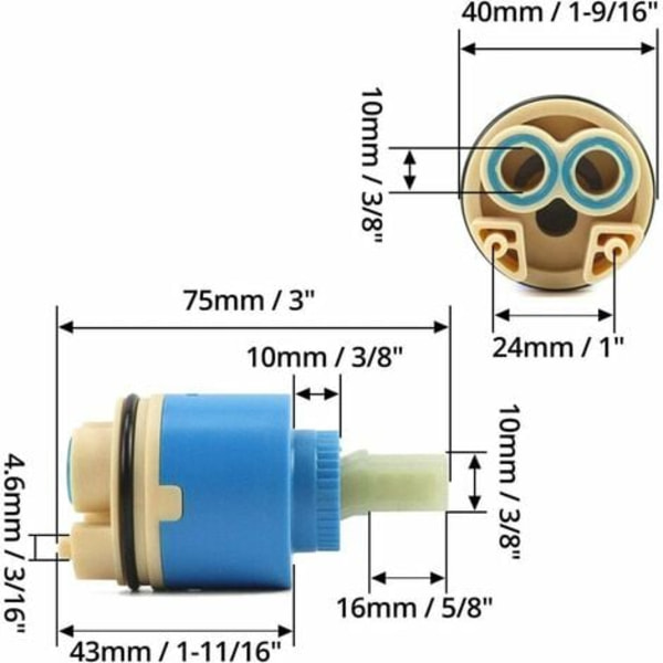 Ersättnings keramisk patron, Keramik för blandare, Keramisk patron för kök eller badrum 40 mm, Blå, med botten