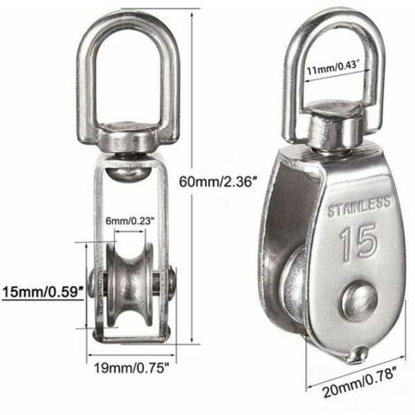 M15 304 rustfritt stål enkel remskive, 15 MM enkel trinse blokkrulle, kran svingbar krok glatt wire tau Kabellasting