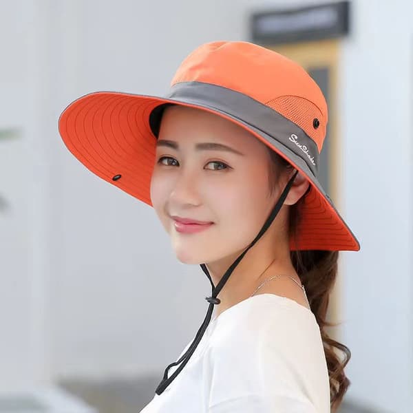 Dame solhat, sommer, mesh, bred skygge, UV-beskyttelse, med hestehalehul (6)