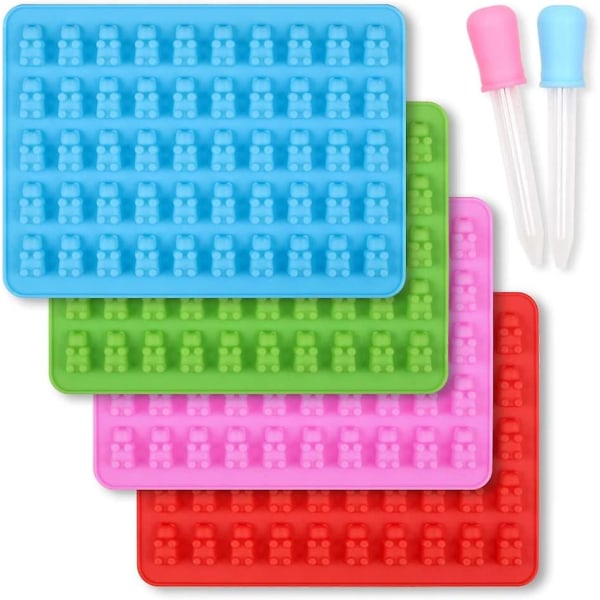 Godisformar för björn i silikon, set med 4 non-stick chokladfudgeformar av livsmedelskvalitet med 2 droppar - blå, röd, grön och rosa