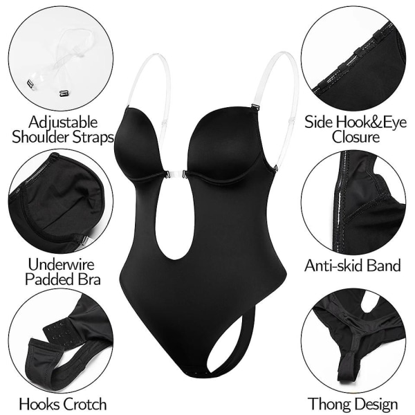 Dypende dyp V-hals Body Shaper Stroppløs ryggløs Shapewear Black XL