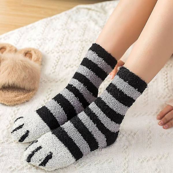 Kvinnor Varm Rolig Fluffig Cat Paw Mjuk Säng Tofflor Strumpor Black Striped