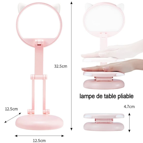 Led skrivebordslampe for barn, rosa kattøre nattbordslampe for jenter, justerbar