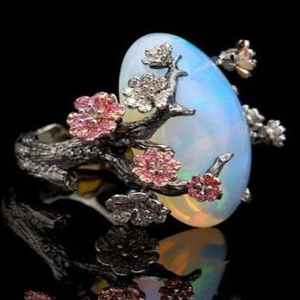 Vintage Kvinder Faux Opal Plum Blossom Flower To Tone Finger Ring smykker gave US 11