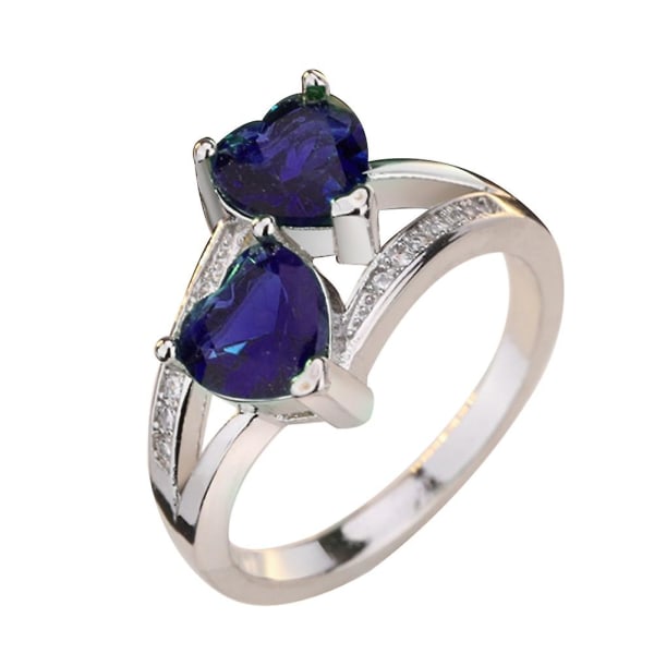 Damemote Dobbel hjerteform Cubic Zirconia Innlagt fingerring smykkegave Blue US 6