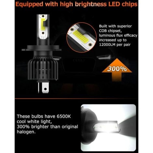H4 LED-pære, 38W 3800LM Hvit bil- og motorsykkellykt IP65 Vanntett Ekstremt lyssterk, automatisk erstatningspære for H