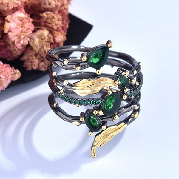 Mode Leaf Feather Rhinestone Faux Gem Kvinnor Finger Ring Party Bankett Smycken Green US 9