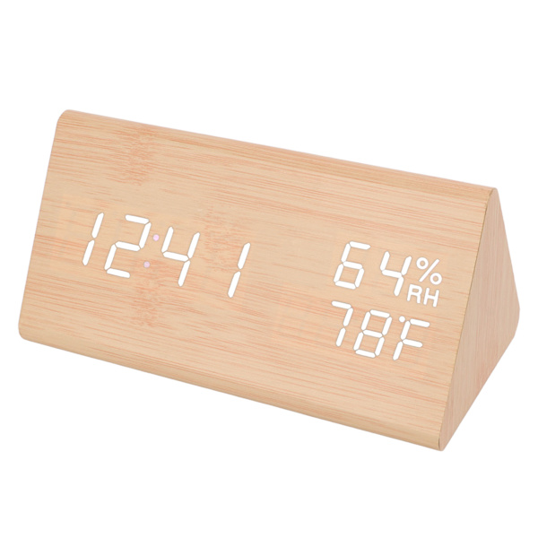 Triangulär digital träklocka Tid Datum Temperatur Luftfuktighet Display Alarmfunktion Röststyrd LED Träklocka