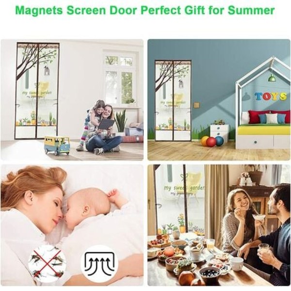 Magnetisk myggnett for dør, topp til bunn magnetisk forsegling, automatisk lukking, holder frisk luft inne (95x210 cm, søt)
