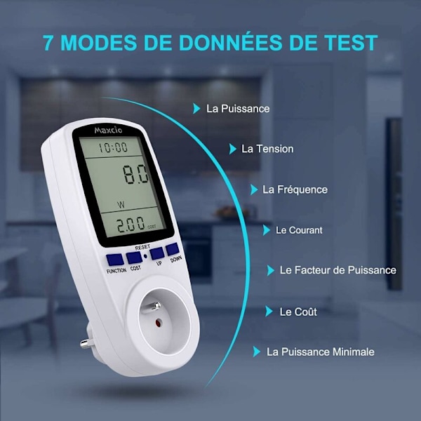 Digital energimåler med stikkontakt, energiforbruk med 7 moduser og LCD-skjerm, strømovervåking av strømforbruk for store elektriske apparater