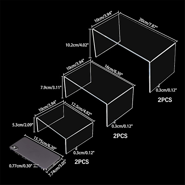 6 stk. 3 størrelser Akryl Display Risers Holder U-formet smykke display stativ Gennemsigtig hylde Vitrineskab til smykker display, hjem og butik