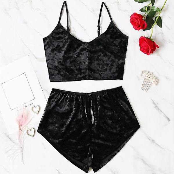kvinnor Underkläder Sexiga underkläder Pyjamas Set Velvet Cami Crop Black XL
