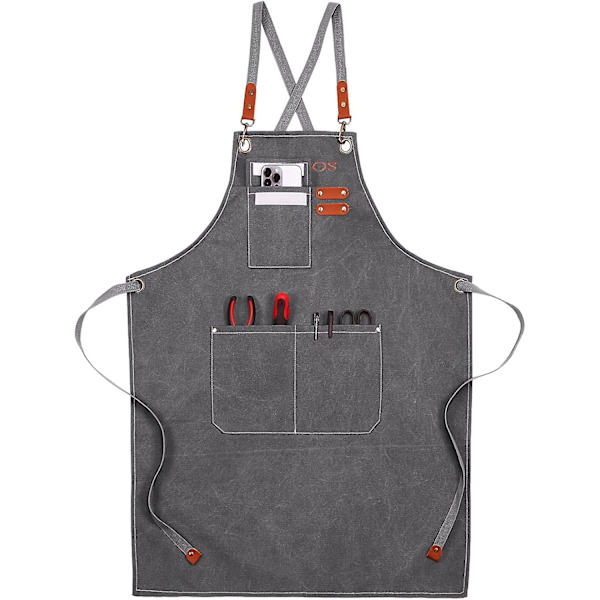 Arbetsförkläde i canvas, multifunktionsarbetsförkläde med 3 verktygsfickor, verktygsförkläde med korsrygg, för Barber Målare Trädgårdsmästare Barista Welding Cook