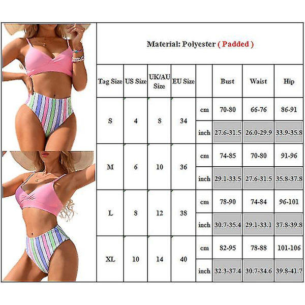Damebadedragt Stribet højtaljet bikinisæt badetøj M