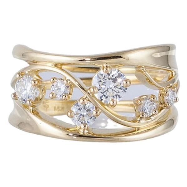 Kvinnor Fingerring Anti Tarnish Hollow Wavy Line Geometrisk Cubic Zirconia Ring för förlovning US 7
