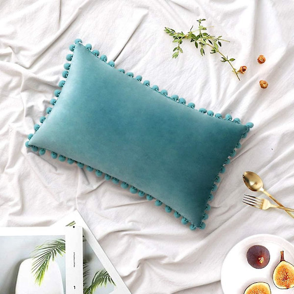 Paket med 2 Sammets-kuddfodral Pompom Dekorativa örngott Solida mjuka kuddfodral Med Poms Fyrkantig För Soffa Soffa Sovrum Bil 18x18tum Da 12 x20 Light Green
