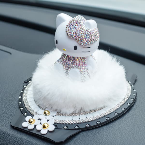 Hvid Rhinestone Bil Kat Dashboard Parfume Ornament Figur