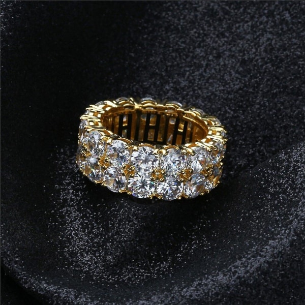 Hip Hop 2 Rad Cz Solitaire Ring Guld Silver Färg Iced Out Charm Rund Ring Mode Punk Smycken Presenter För Män Kvinnor Gold