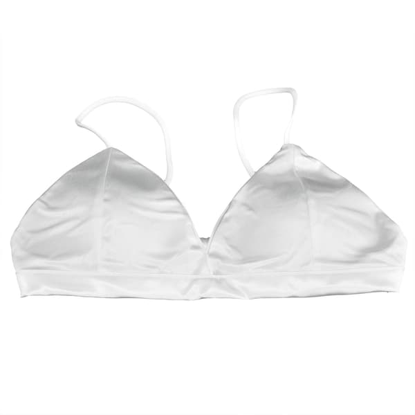 Dambralette i satin, trådlös sovbehå med djup V-ringning, vit