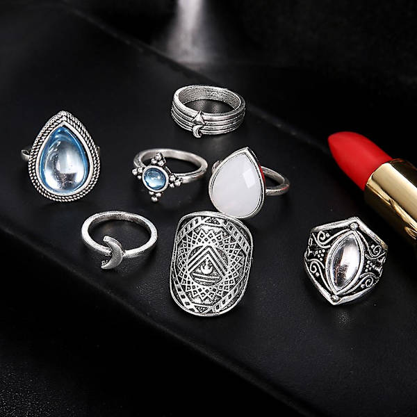 7 stk/sæt Kvinder Retro Kunstig Opal Vanddråbe Moon Finger Knuckle Ring smykker