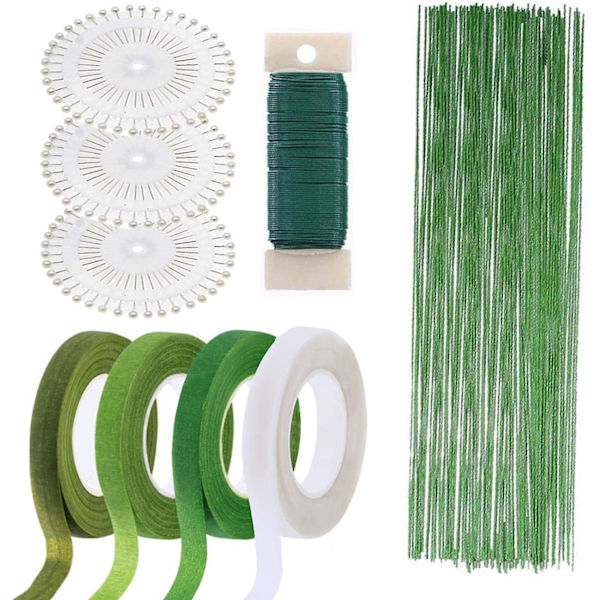 7 delar set 1,2 cm band, 22 gauge blomtråd, 26 gauge järntråd för blommor och 100 delar kulhuvudsnålar