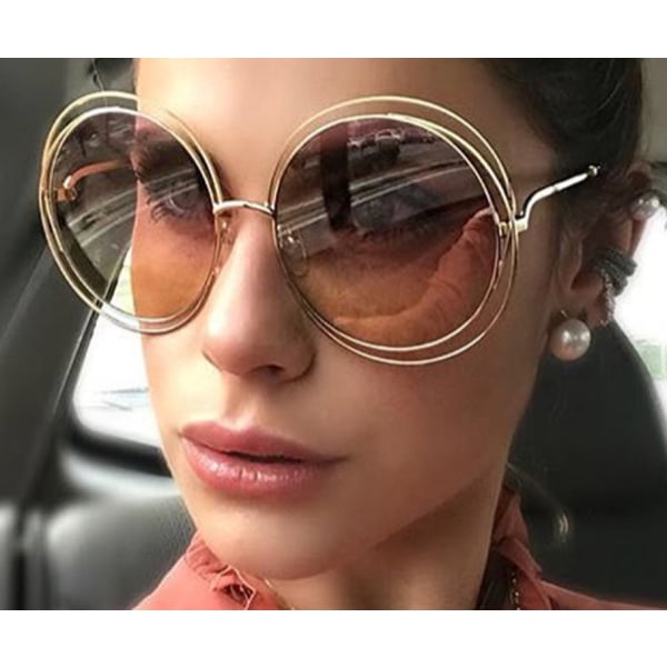 Runde solbriller for kvinner Real Film Flat Mirror Solbriller (Gradient Tea med skinnende gullramme),