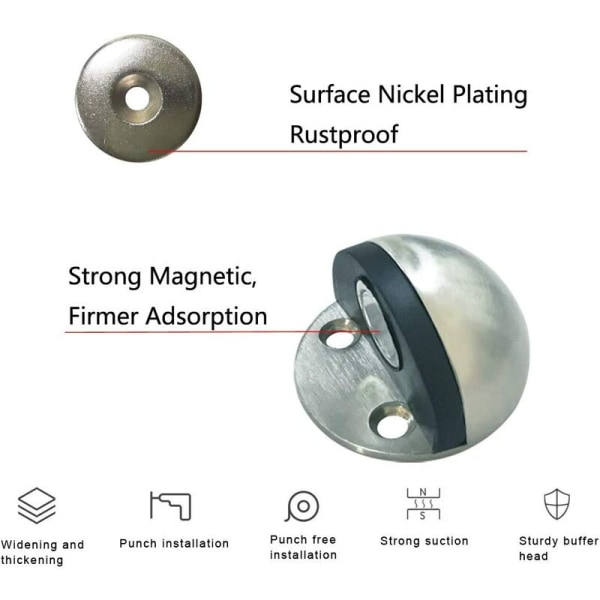 Magnetisk dørstopper Dørstopper i børstet metall med selvklebende Ikke nødvendig å bore med gummistøtfanger (sølv)