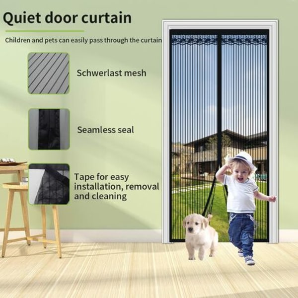 Magnetisk myggnett for dør, topp til bunn magnetisk tetning, automatisk lukking, holder frisk luft inne (120x220cm, svart