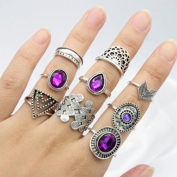 9 st/ set Vattendroppe Stapelbara knogringar Legering Bohemia Lila Faux Gem Finger Ringar Smycken Tillbehör